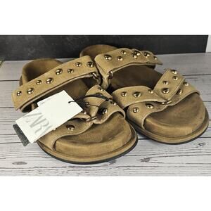 ZARA Studded Criss Cross Sandals Gold Tan Size 6 US New With Tags NWOT Womens